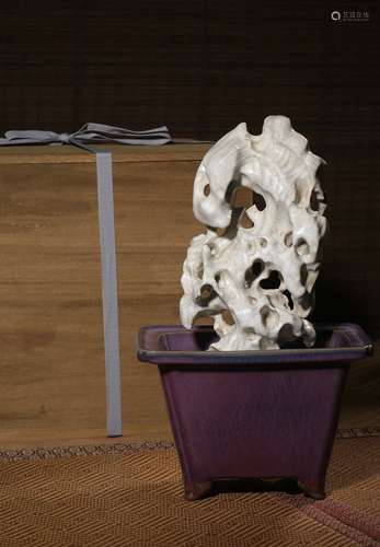 A GUANYOU ‘TAIHU STONE’DECORATION WITH A JUNYAO FOLWERPOT,SO...