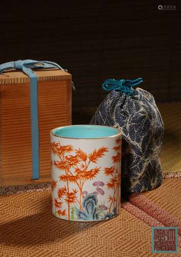 A FAMILLE-ROSE AND IRON-RED‘STONE’BRUSHPOT,MARK AND PERIOD O...