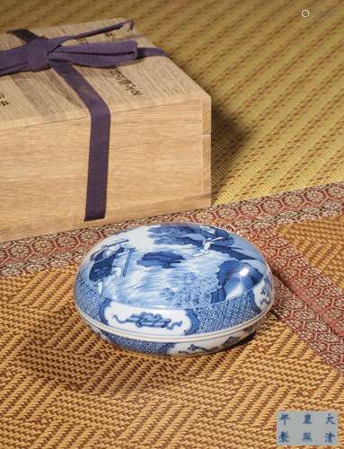 A BLUE AND WHITE‘FIGURE’INK PASTE BOX,MARK AND PERIOD OF KAN...
