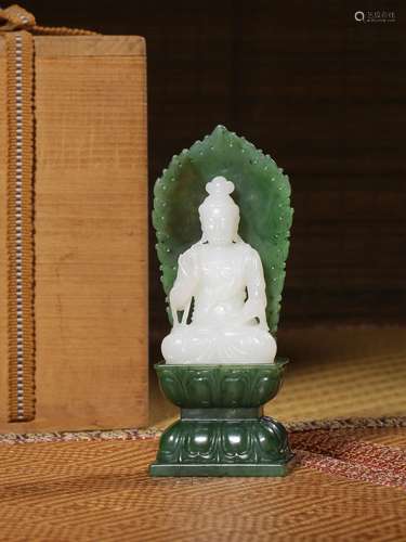 A WHITE JADE FIGURE OF GUANYIN WHITE SPINICH-GREEN JADE STAN...
