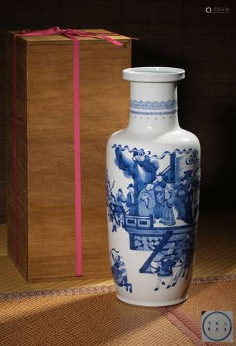 A BLUE AND WHITE ‘LANDSCAPE’ROULEAU VASE,MARK AND PERIOD OF ...