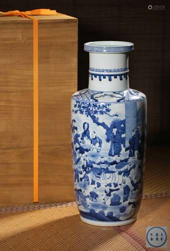A BLUE AND WHITE ‘LANDSCAPE’ROULEAU VASE,MARK AND PERIOD OF ...