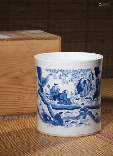 A BLUE AND WHITE ‘FIGURE’BRUSHPOT,MARK AND PERIOD OF KANGXI
