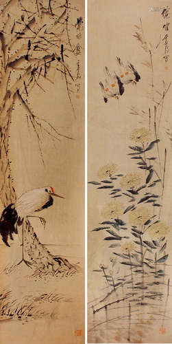 1823-1896 虚谷  花鸟对屏 纸本 屏轴