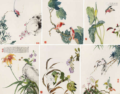 1903-1965 陆小曼 1935 年作 花鸟册页六开 设色绢本 册页