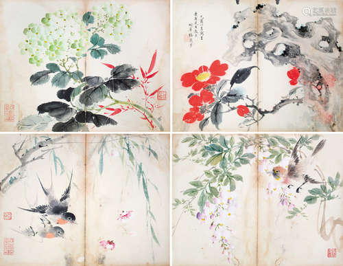 1894-1961 梅兰芳 1945 年作 花鸟四开镜片 设色纸本 镜片