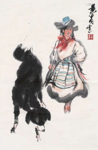 1925-1997 黄胄  牧女藏獒图 设色纸本 镜片