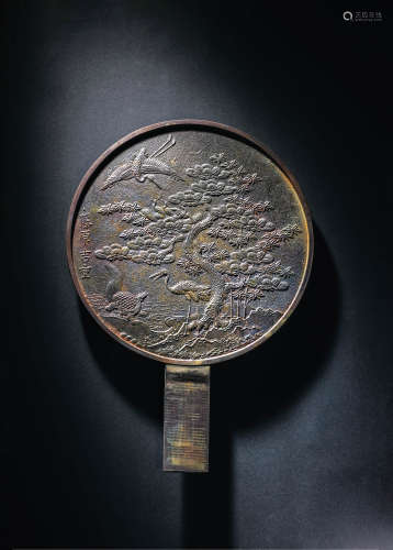 江戶時期 松鶴哺乳小鶴鏡