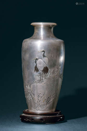 明治時期 鶴紋銀瓶
