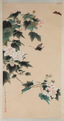 A Chinese Flower And Bird Painting On Paper, Hanging Scroll,...