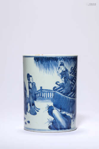 A Blue And White Character Story Brush Pot