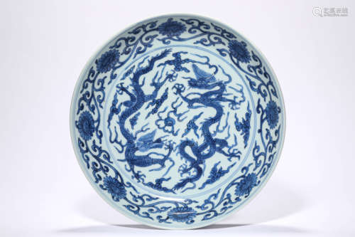 A Blue And White Dragon Dish