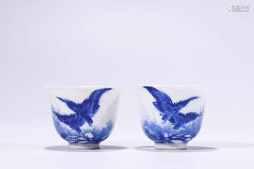 A Pair Of Blue And White Flower And Bird Cups