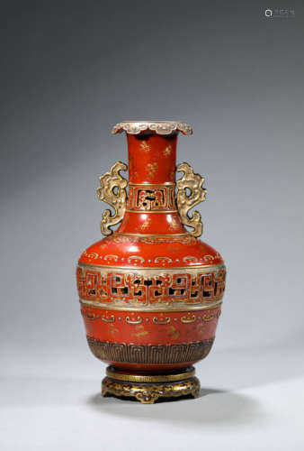 A Gilt-Decorated Coral-Red Handled Vase