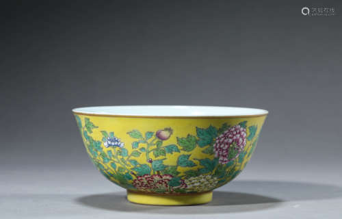 A Yellow-Ground Famille Rose Flower Bowl