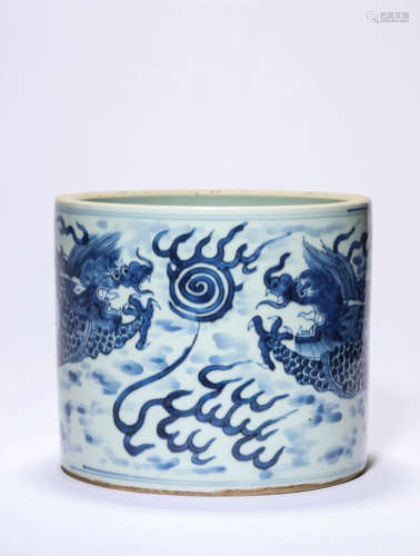 A Blue And White Dragon Brush Pot