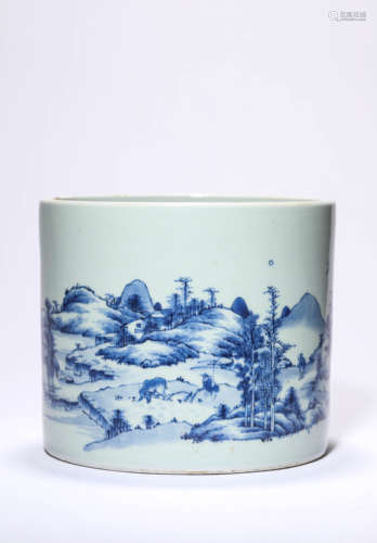 A Blue And White Landscape Brush Pot