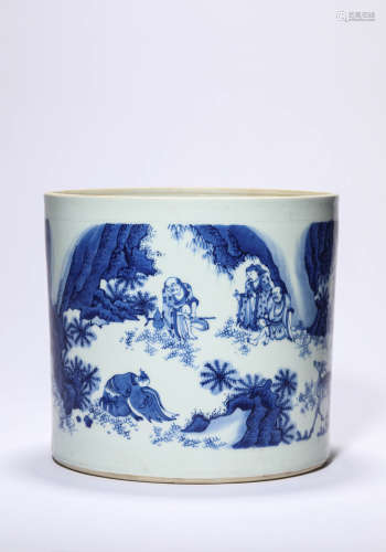 A Blue And White Character Story Brush Pot