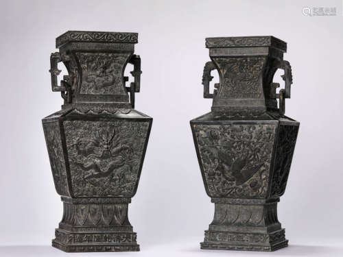 A Pair Of Bronze Dragon And Phoenix Rectangular Vases