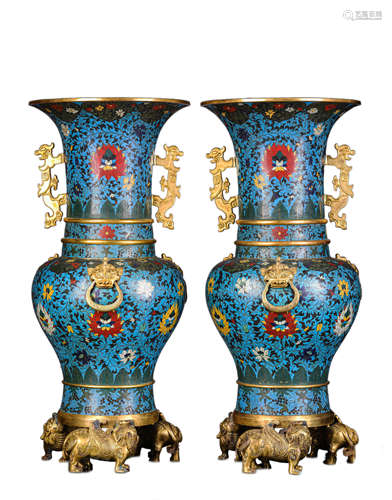 A Pair Of Cloisonné Enamel Flaring Vases, Gu