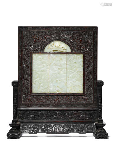 A Jade Dragon Disc-Mounted Wooden Table Screen