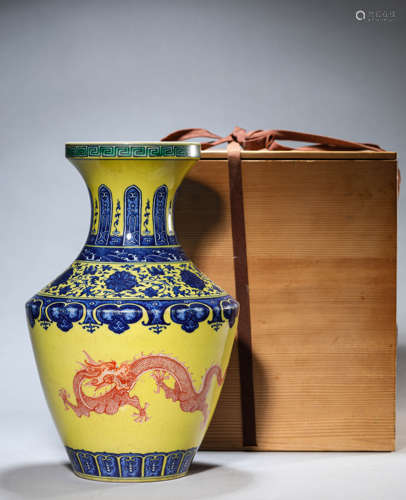 A Yellow-Ground Blue And White Dragon Vase