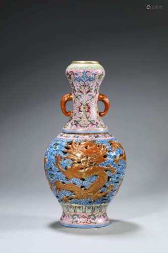 A Gilt-Decorated Famille Rose Dragon Vase