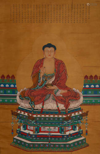 A Chinese Buddha Painting On Silk, Hanging Scroll, Ding Guan...