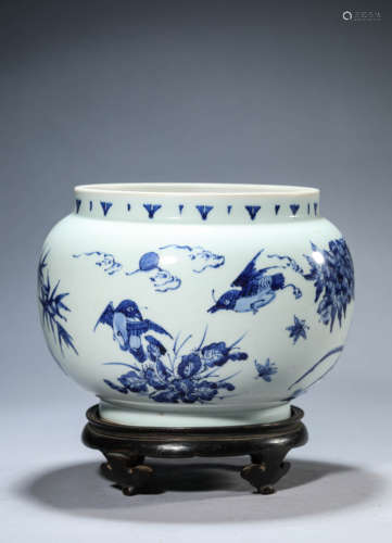 A Blue And White Flower And Bird Jar