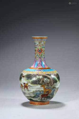 A Famille Rose Pine And Deer Vase