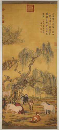 A Chinese Horse Painting On Silk, Hanging Scroll, Lang Shini...