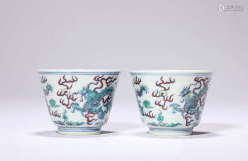 A Pair Of Doucai Dragon Cups