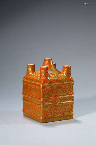 A Gilt-Decorated Coral-Red Five-Necked Vase