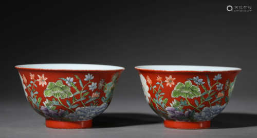 A Pair Of Coral-Red Famille Rose Flower Bowls