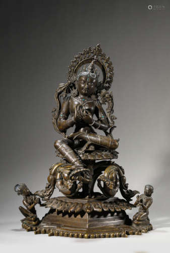 A Tibetan Silver-Inlaid Alloy Copper  Figure Of Green Tara