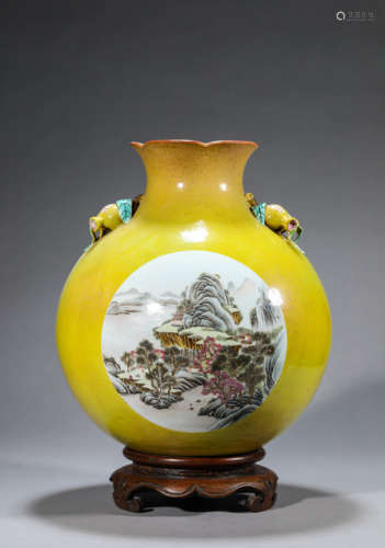 A Yellow-Ground Famille Rose Landscape Pomegranate-Form Vase