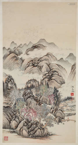 A Chinese Landscape Painting On Paper, Hanging Scroll, Sun T...