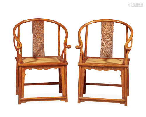现代 黄花梨雕螭龙纹圈椅