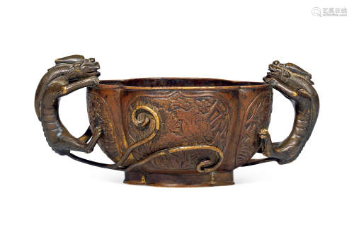 清早期 铜鎏金螭龙耳杯