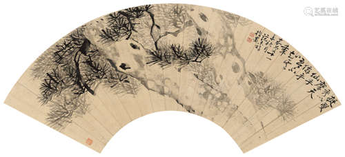 范来醇 （清·嘉道） 指画松影 丙寅（1806年）作 水墨纸本 扇面镜心