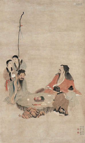 顾隽 （清·嘉庆） 三老行乐 壬辰（1832年）作 设色纸本 立轴