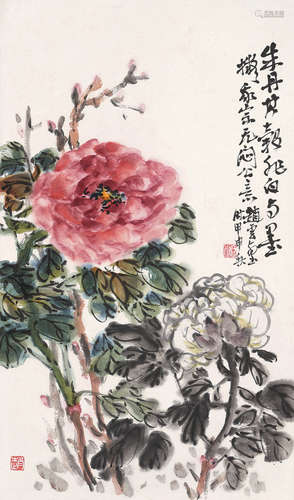 赵云壑 （1874-1955） 雙牡丹 甲申（1944年）作 设色纸本 立轴