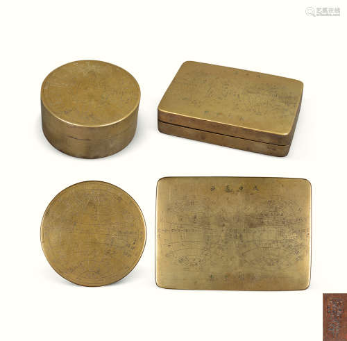 清光绪三十四年制 地球墨盒二方 铜质 2件