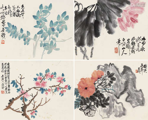 1844～1927 吴昌硕  花卉四开 设色纸本 册页