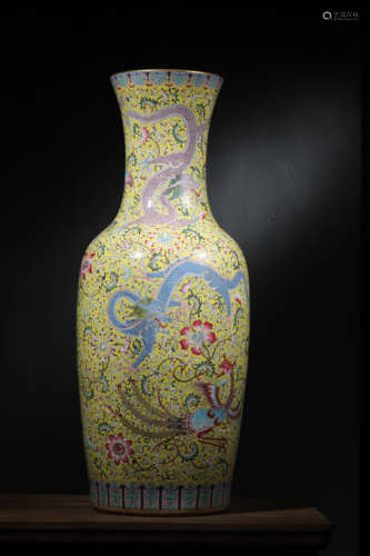 A LARGE YELLOW-GROUND FAMILLE ROSE 'DRAGON AND PHOENIX' VASE...