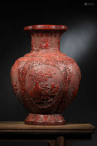 A CINNABAR LACQUER FLOWER LOBED VASE, QIANLONG MARK