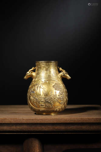 A GILT BRONZE DEER HEAD ZUN VASE, QIANLONG MARK