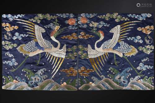 AN EMBROIDERED BLUE-GROUND RANK BADGES OF RED-CROWNED CRANE,...