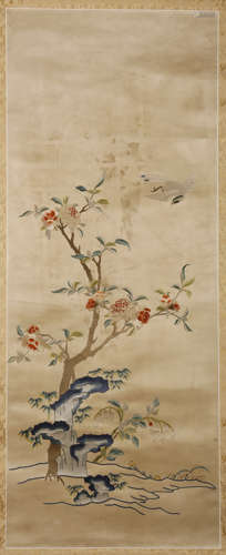 AN EMBROIDERED FLOWER HANGING SCROLL