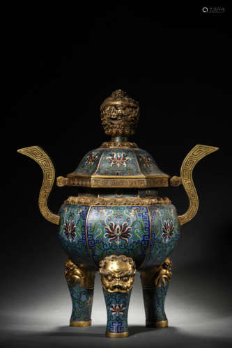 A GILT-BRONZE AND CLOISONNé ENAMEL TRIPOD INCENSE BURNER AND...